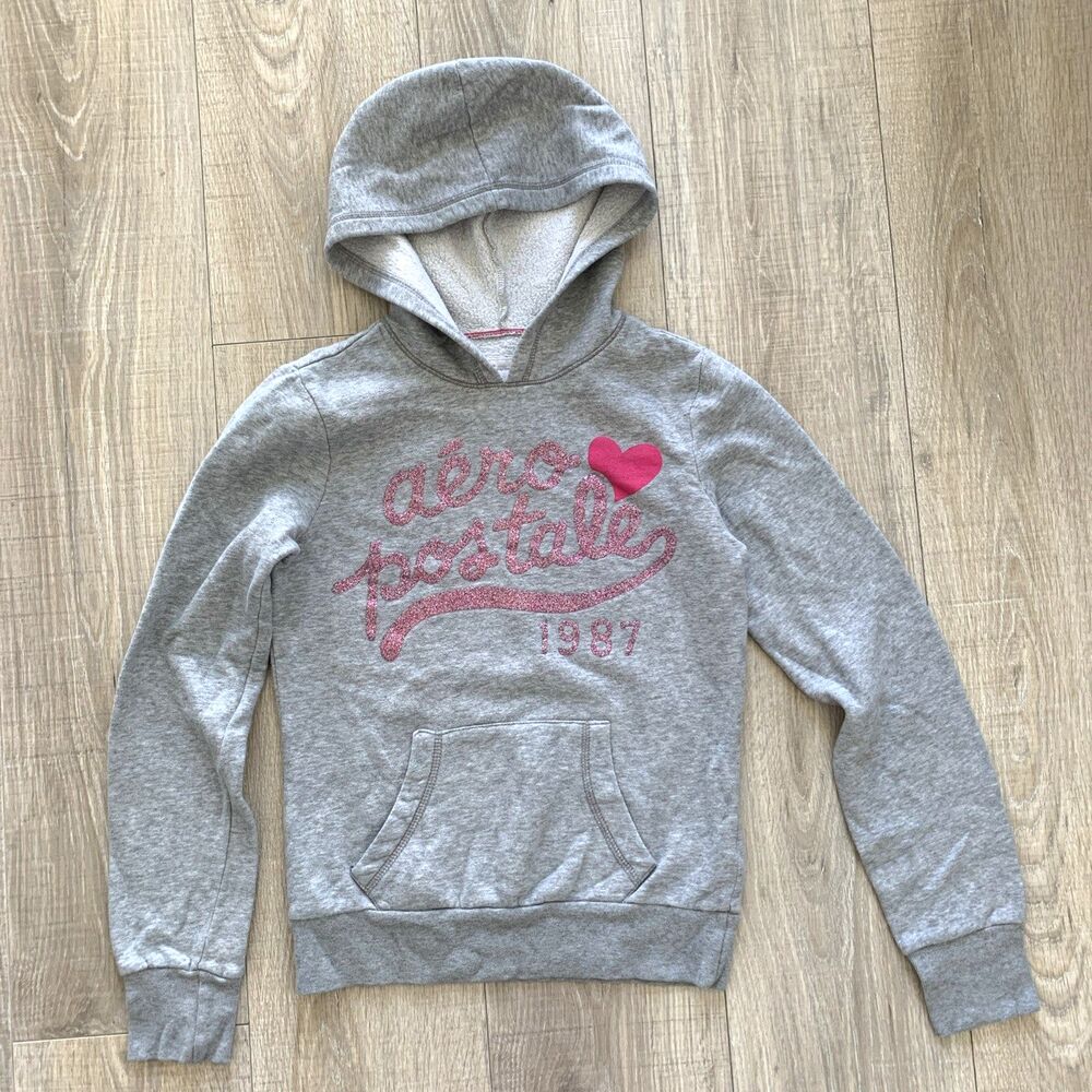 Aeropostale Hoodie Gray Pink Glitter Sweatshirt Short Pullover Pocket Womens XS